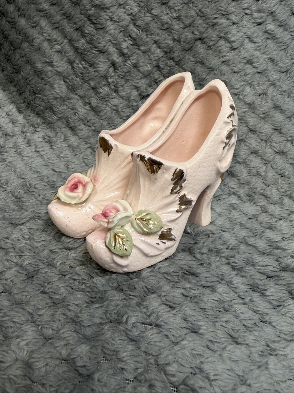 Vintage Japan Victorian Pink Ceramic Floral Rose Heel Shoes Figurine / Planter